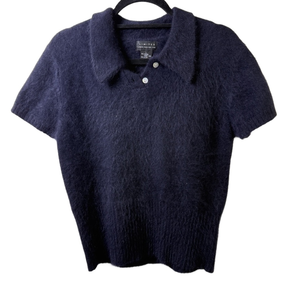 The Limited Navy Blue Fuzzy V-Neck Short Sleeve Sweater